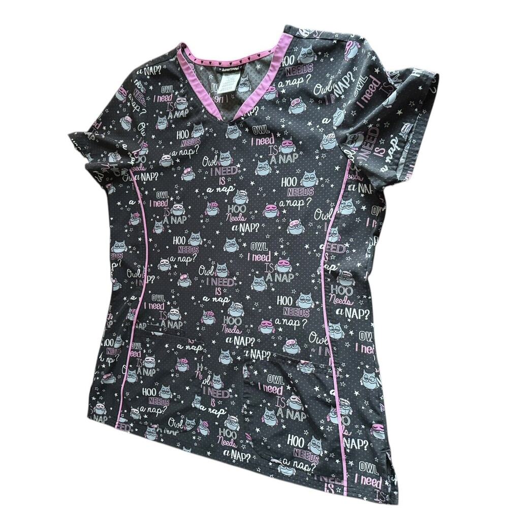 Owl Scrub Top Heart Soul Women's Large Hoo Needs‎ A Nap Print V-Neck Pink Black